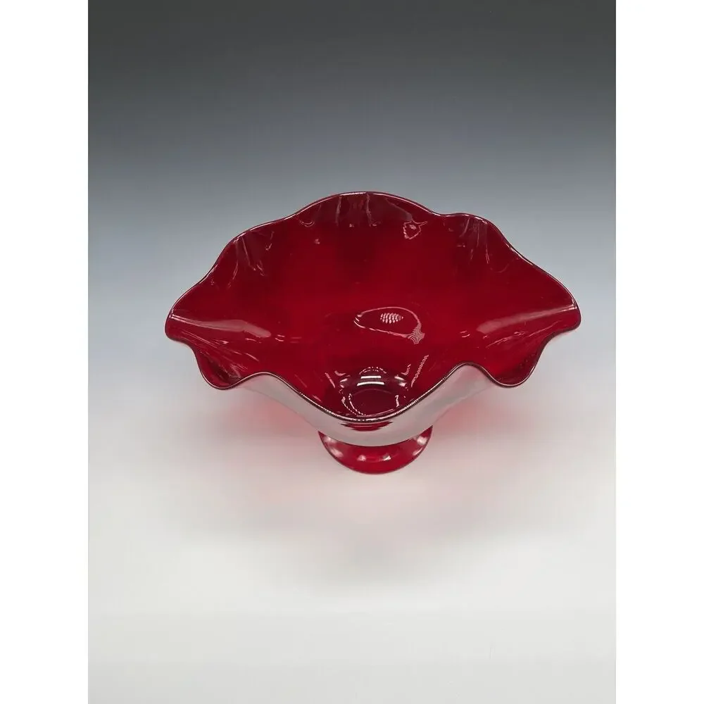 Vintage Pairpoint‎ Gunderson Glass Ruby Red Fan Vase Ruffled Pedestal Oval